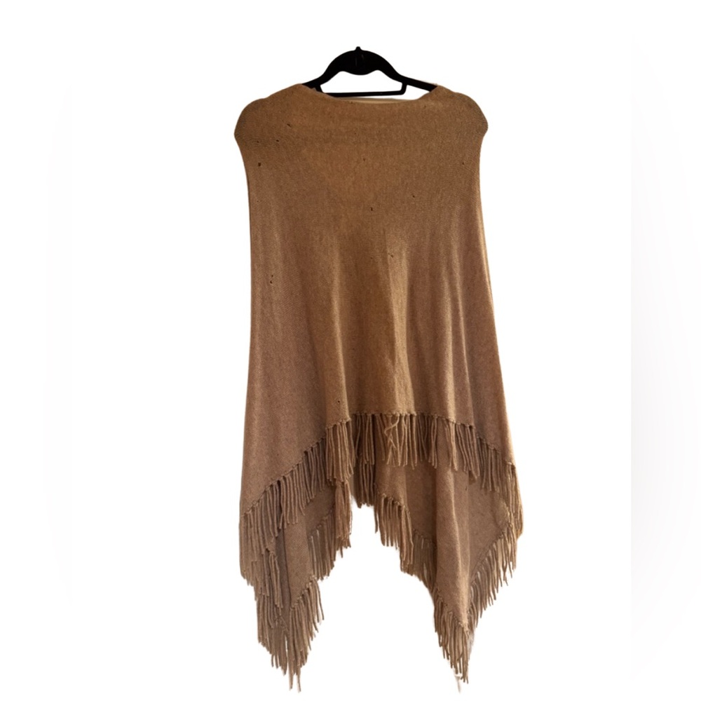 Minnie Rose Tan Fringe Poncho O/S